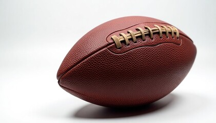Close-up view of a worn, brown pigskin American football, laces visible , pigskin, athletic