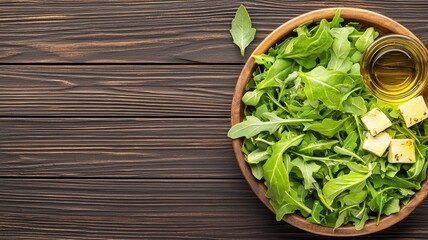 A flatlay top view of a salad on a wood grain background, showcasing vibrant colors and textures.