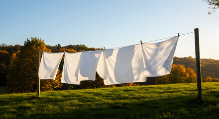 White Sheets Hanging on Laundry Line in Sunlit Green Field with Distant Trees