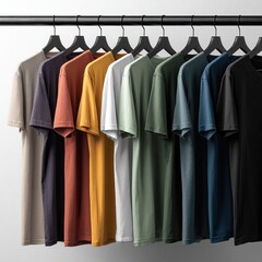 Various solid-colored t-shirts on hangers.  A range of colors including muted tones, neutrals, and brighter shades.  Simple, classic style
