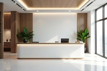 Modern minimalist reception desk in a bright office , architecture, simple design, contemporary