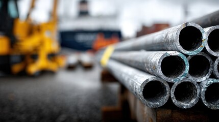 Stack of Metal Pipes at Industrial Construction Site