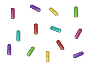 3D illustration of a group of medical capsules in different colors on a white background