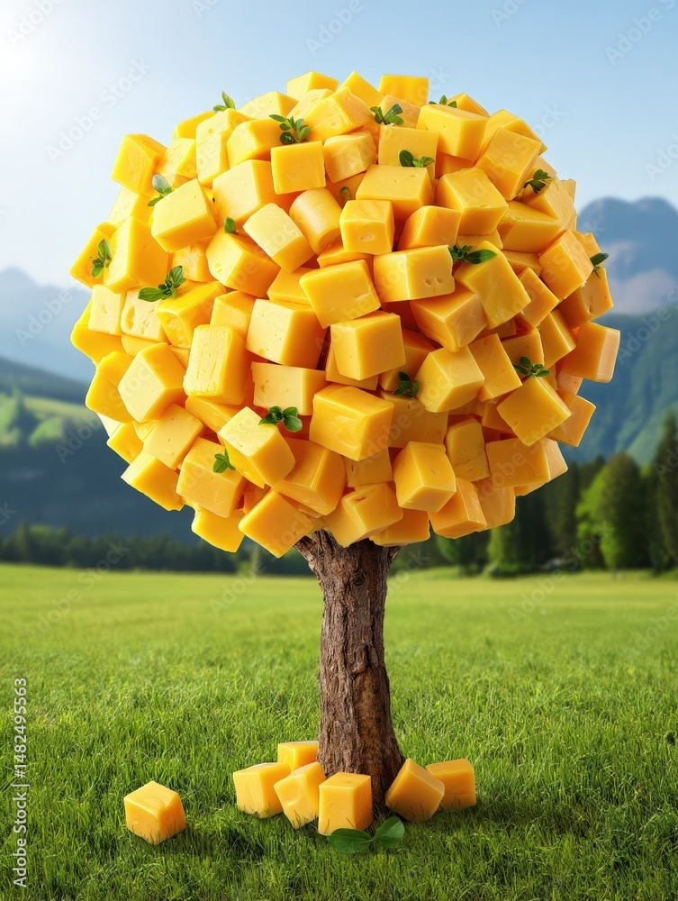 Poster A tree trunk with cheese blocks instead of leaves, set against a green field under a blue sky.