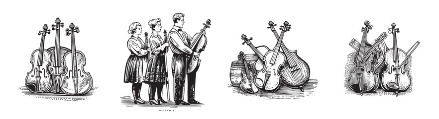 Vintage Illustration of Musicians with String Instruments in a Line, vintage retro hipster logo design, vector illustration, engraving design