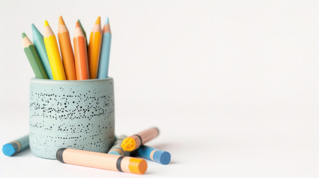 Colorful pencils and crayons in a speckled cup on a white background, perfect for art and creativity themes