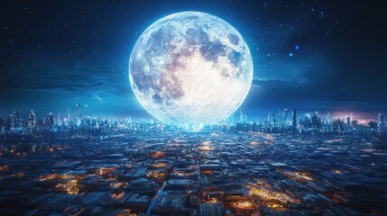 Obraz premium Futuristic city skyline at night with a giant moon.