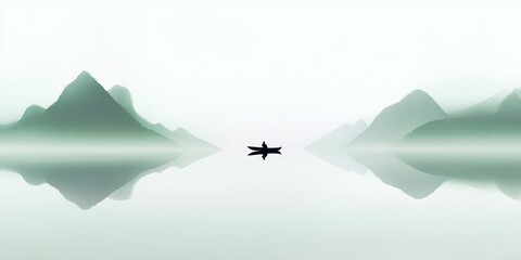 Fototapeta premium A lone boat on a calm lake with mountain reflections