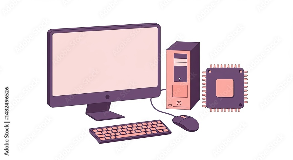 Poster Modern Computer Setup with CPU Chip Illustration