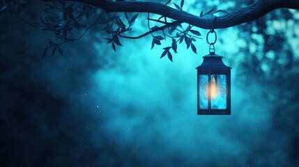 Worn lantern hanging from a tree branch, glowing with mysterious blue flames in a misty wood