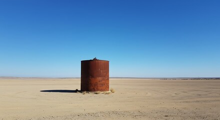 Rusty Water Tank in Desert Under Blue Sky