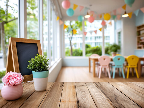 Wooden table displaying a blank blackboard and potted plants, with a blurred playroom background ideal for product placement for birthdays, communions, or celebrations.