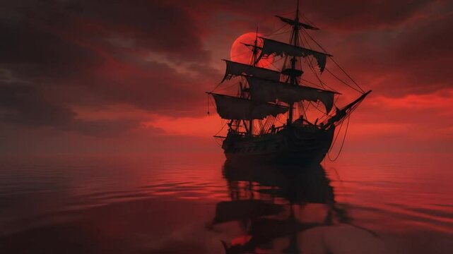 A Majestic sailing ghost ship under a blood-red supermoon at night dramatic seascape horror themes, Generative AI