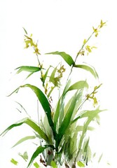 Watercolor Painting of Yellow Orchids with Green Leaves