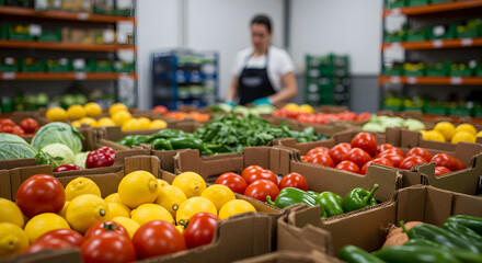Fototapeta premium Abundant Fresh Produce Display in Cardboard Boxes with Tomatoes Peppers Cabbage and a Person Sorting Green Vegetables Indoors