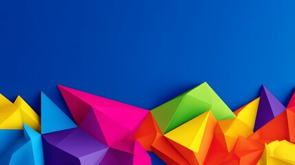 An abstract arrangement of bright and colorful origami style geometric shapes in pink, green, yellow, orange, and blue against a solid dark blue background.