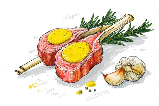 steak with yellow sauce, rosemary, garlic, sketch clip art preview