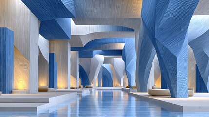 Obraz premium Surreal Blue Interior Mockup with Refined Architectural Elements and Calm Reflection