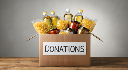 Assorted Food Items in Cardboard Donation Box on Wooden Table Against Gray Background