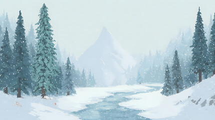 A snowy pixelated mountain landscape with tall fir trees covered in heavy snow. A frozen river cuts through the valley, with icy textures glimmering under a pale sky. Tiny animal tracks cross the