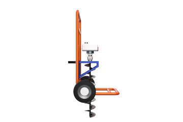 HOLE DIGGER GASOLINE AUGER SOIL DRILL Wheeled Post HANDHELD MACHINE FOR EARTH GROUND, Compact Soil Auger Machine for Planting Trees or Installing Fences, Facing Forward Wheels on a PNG Transparent 
