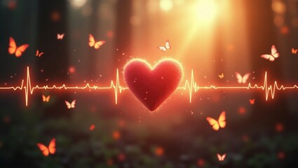 Valentine's Day background with heart and butterflies and heartbeat