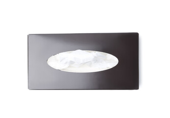 Box with paper handkerchiefs isolated on white, top view