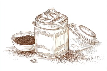Tiramisu Dream Dessert in Jar with Coffee Delight, and Sweet Sketch.