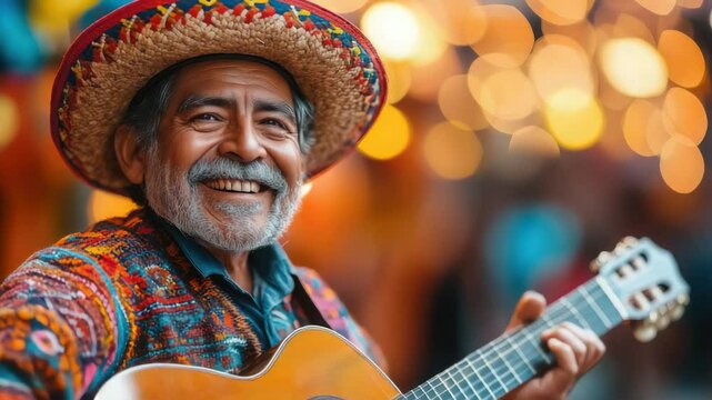 happy mexican man in sombrero playing guitar on blurred background of festival on mexico city street, cinco de mayo, holiday in mexico, independence day, day of the dead