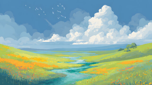 A vibrant pixelated nature scene with rolling hills, blocky wildflowers in full bloom, and a clear river winding through the landscape. Bright blue skies filled with fluffy pixel clouds stretch above