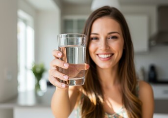 A woman is holding a glass of water in a bright kitchen while smiling at the camera © Vooglo