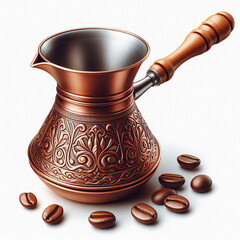 Detailed copper coffee pot rests on roasted coffee beans, highlighting its craftsmanship and inviting the viewer to imagine the rich aroma of freshly brewed coffee