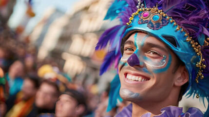Obraz premium Celebration with joyful person in vibrant costume during a lively street festival surrounded by excited crowd and festive atmosphere