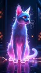 white pink glowing neon cat on a dark background