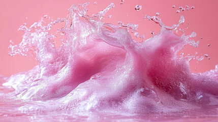 Pink liquid splash with frothy texture on a pink background.
