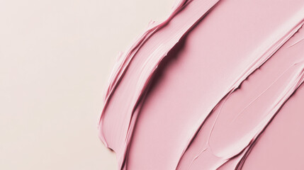 Close-up of smooth pink cosmetic cream or makeup foundation smeared on a soft beige background. Generative AI