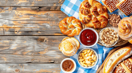 Delicious assortment of freshly baked pastries and snacks on a rustic wooden table with blue checkered cloth