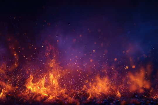 Fiery flames blaze against a dark backdrop, vibrant orange and red hues contrasted by violet and blue