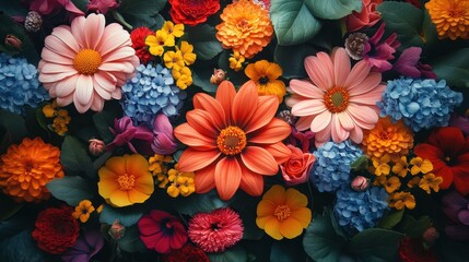 Vibrant floral arrangement with orange, pink, and blue blooms
