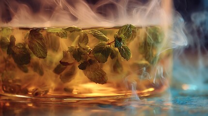 Fresh mint tea with vapor in a glass