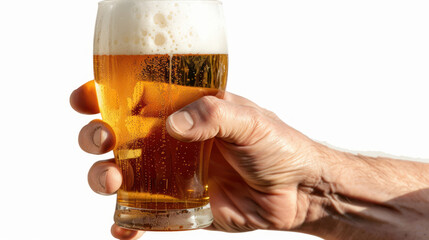 Hand Holding a Cold Beer Glass with Foam on Top, Isolated on White Background, Refreshing Beverage, Perfect for Summer and Celebration Themes