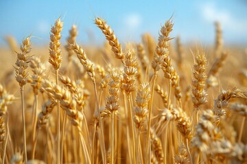 Fototapeta premium Depicting Golden wheat field under clear blue sky, summer day.