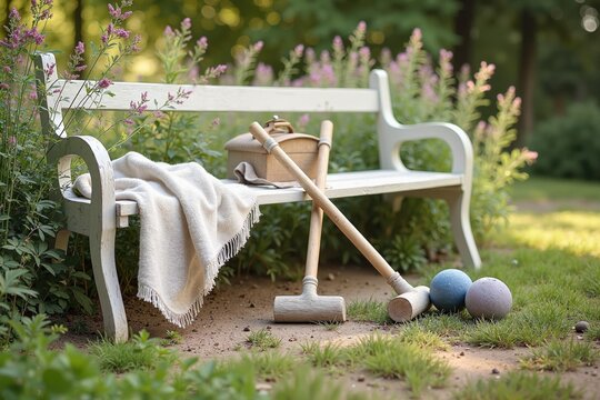 Vintage white garden bench with nostalgic croquet set and copper pot against blurred floral background