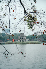 Turtle Tower on Hoan Kiem Lake in cloudy weather, landmark of Hanoi, Vietnam