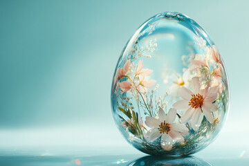 Delicate flowers encased in a clear egg shaped ornament against a teal background