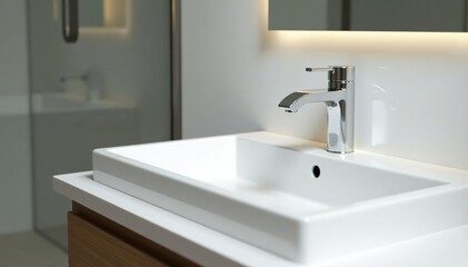 Clean white bathroom sink with chrome faucet, ready for use , shiny, renovation