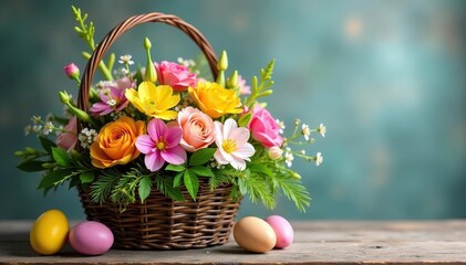 Vibrant Easter arrangement of colorful spring flowers and greenery in a rustic basket , pretty, arrangement, happy