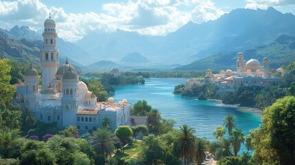 White mosque complex nestled beside a serene river, mountains in the background. Lush greenery surrounds the structures