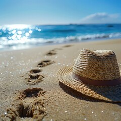Close-up of a sun-bleached straw hat on a sandy beach with footprints leading into the horizon, the ocean sparkling in the background.