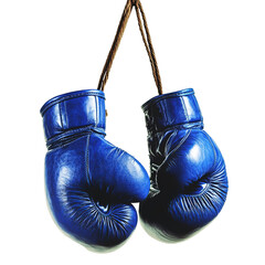 Pair of Old Blue Leather Boxing Gloves Hanging on PNG Transparent Background. Isolated 
